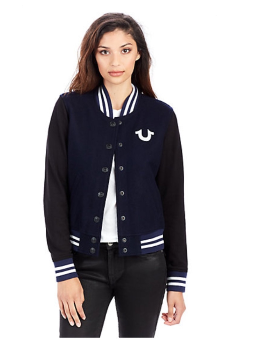 True Religion Navy and Black Bomber Varsity Jacket